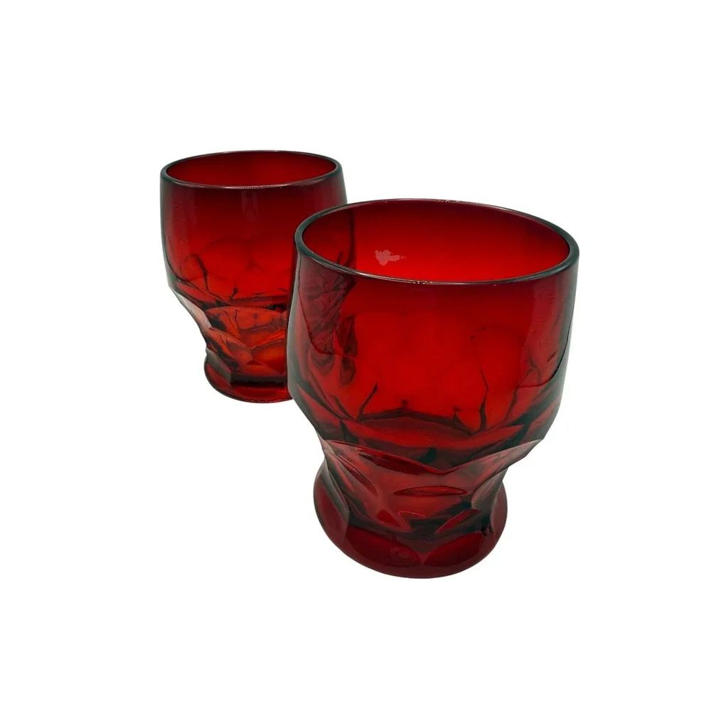 Vintage Ruby Red Textured Faceted Juice Glasses Set of 2 Crimson Tumblers